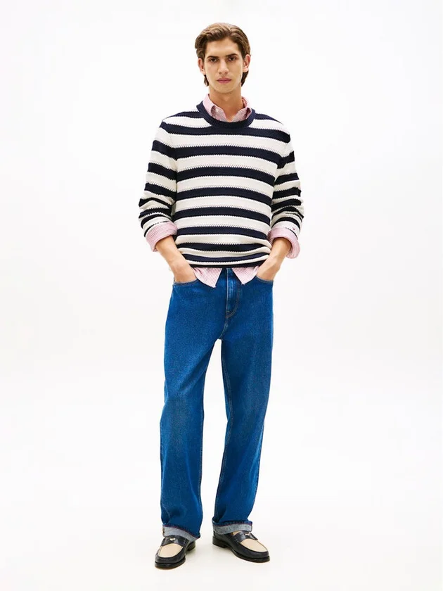 Crochet Block Stripe Crew Neck
