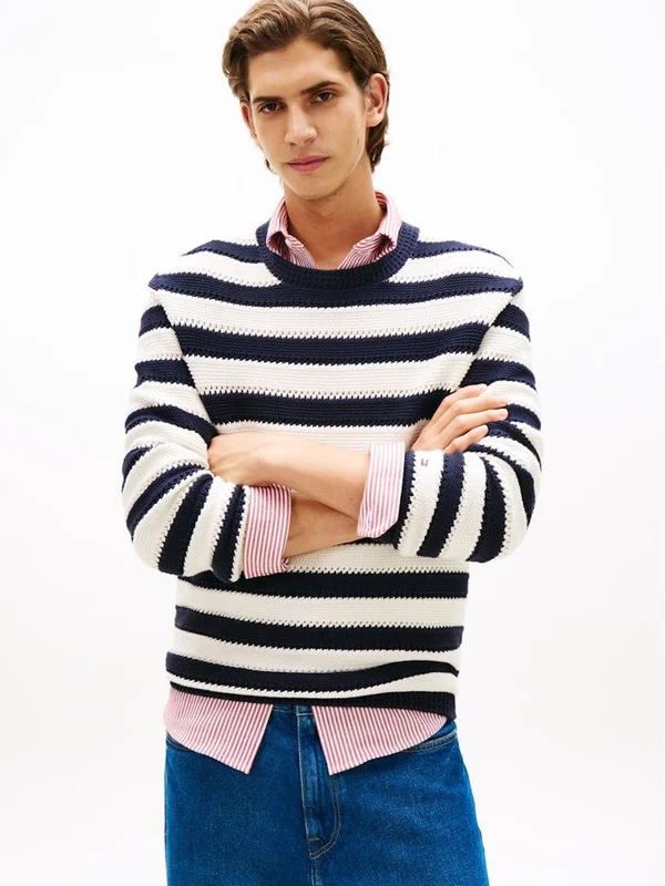 Crochet Block Stripe Crew Neck