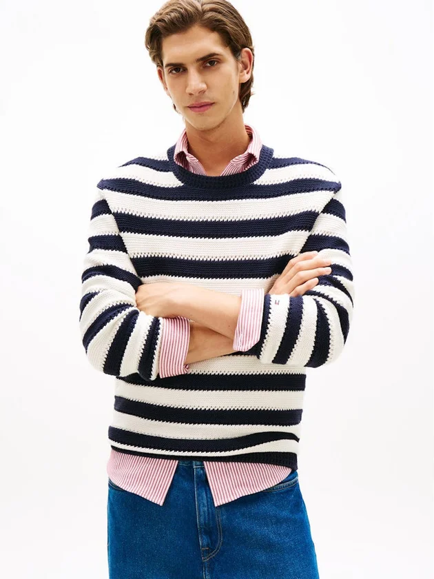 Crochet Block Stripe Crew Neck